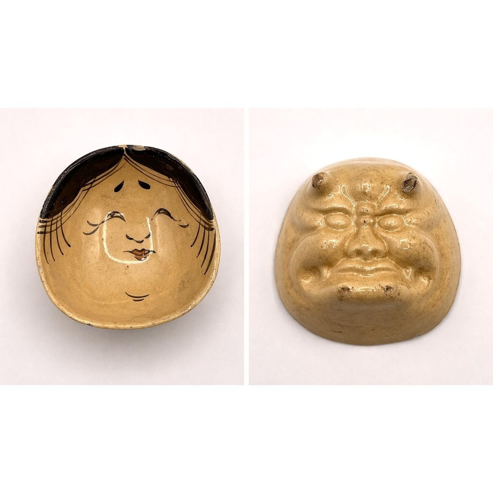 Japanese Otafuku Face Guinomi Oni Demon Base Pottery Sake Cup Bowl 1.2"
